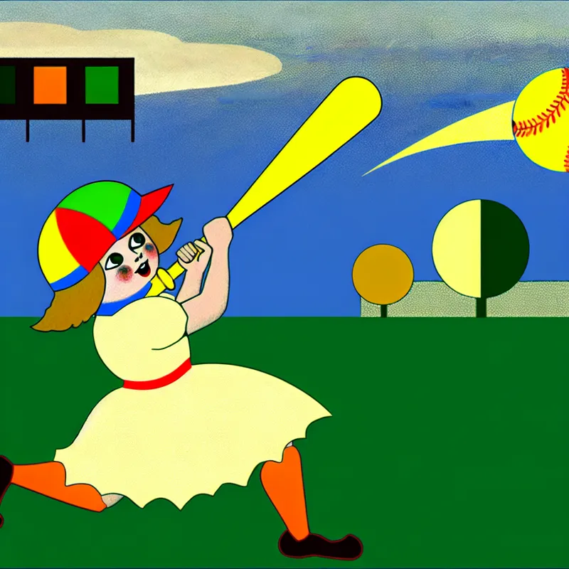 Kind in een kleurrijke pet die enthousiast een honkbalbat zwaait onder een heldere blauwe lucht.