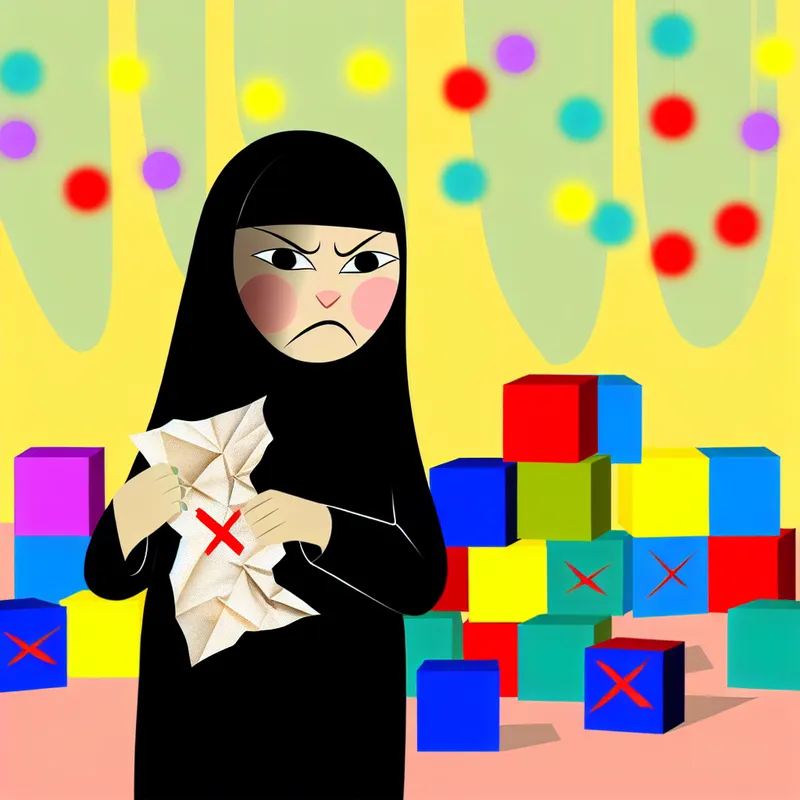 Kind met gekreukt papier en een frons, omringd door kleurrijke blokken, sommige gemarkeerd met een rode 'X'.