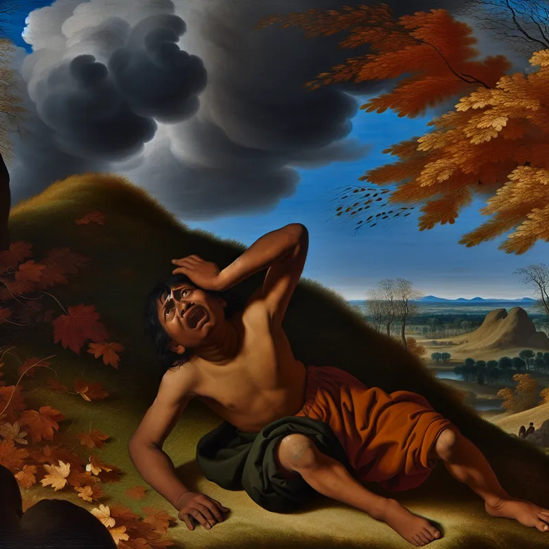 Een jong kind dat op een grassige heuvel zit, met een uitdrukking van verdriet na een val, omringd door vallende herfstbladeren onder een dramatische lucht.