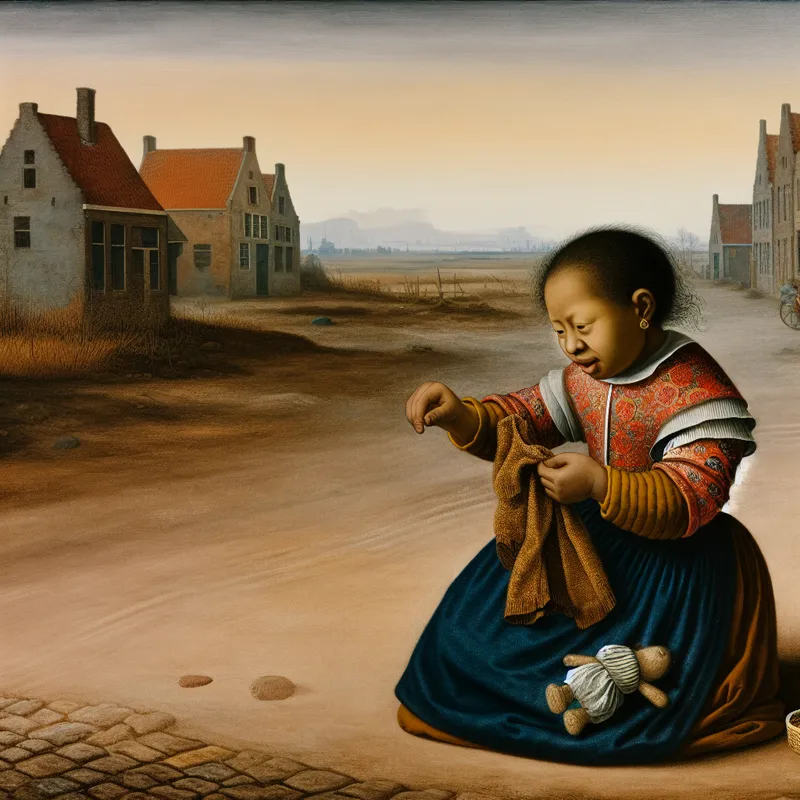 Een kind speelt met een versleten speelgoed op een vuile straat in een arme buurt.