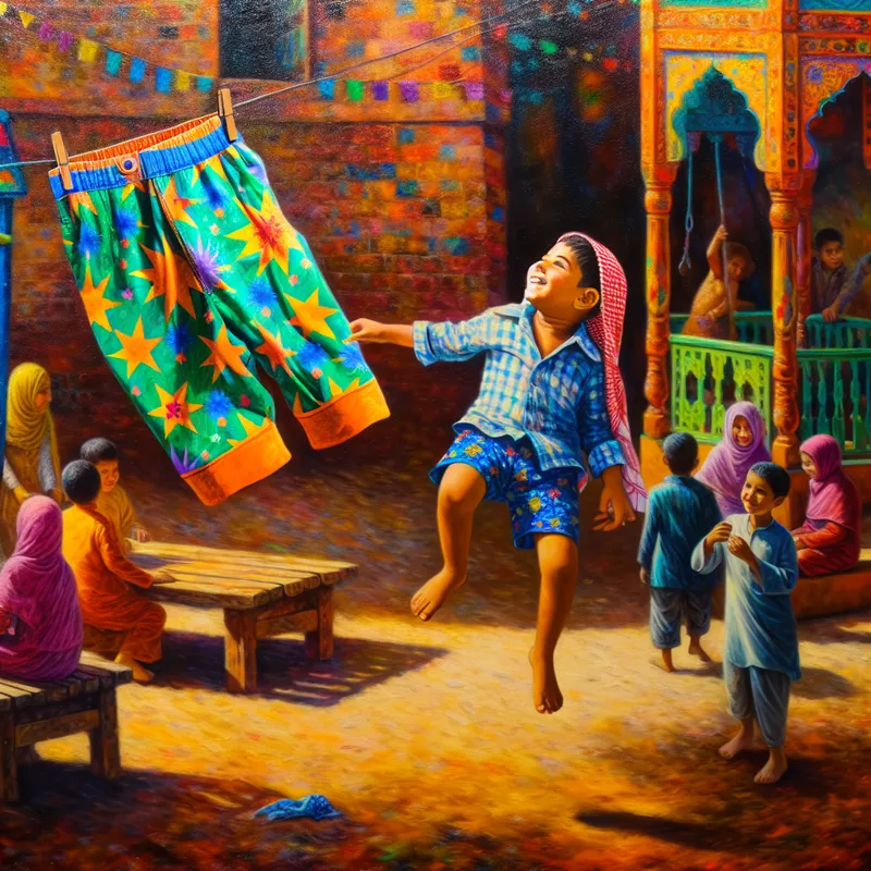 Een jong kind in een kleurrijke speeltuin met vrolijke korte broek met sterren- en bloemenpatronen.