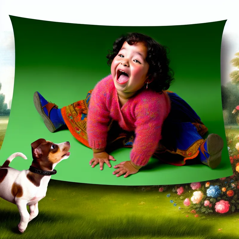 Een jong kind speelt in een zonnig park en valt joyful op zijn bipsje in het gras, omringd door bloemen en een spelend puppy.