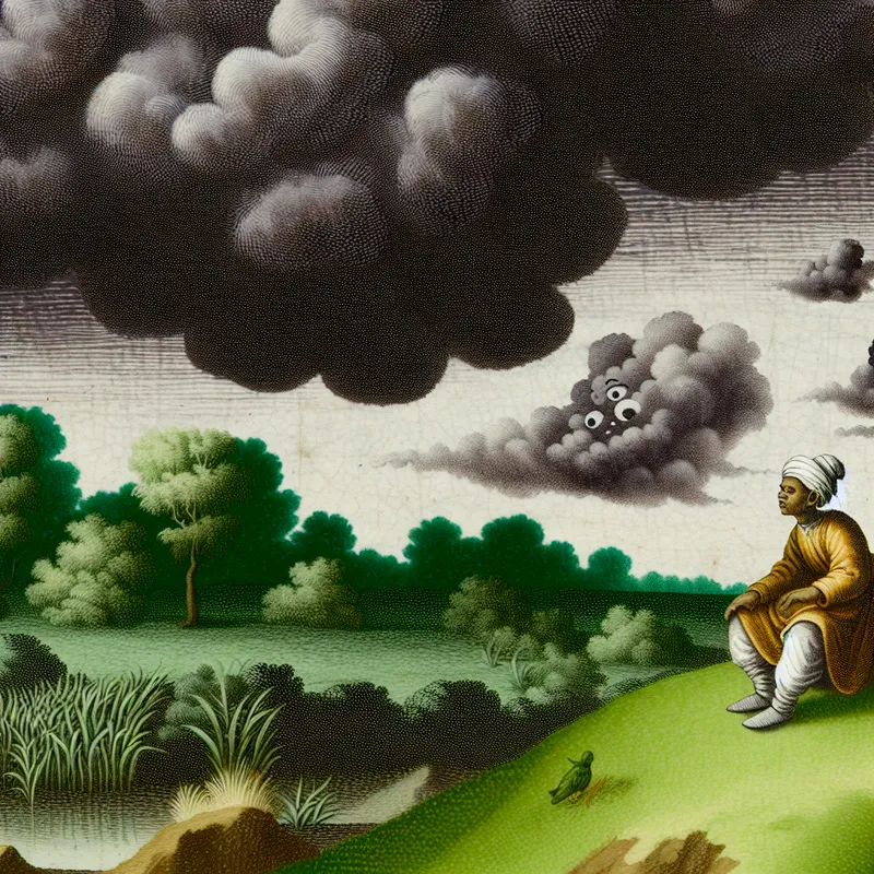 Een kind zit op een grasheuvel, kijkt naar een dramatische lucht vol zware wolken en houdt zich zijn buik vast terwijl hij klaagt over honger met spraakballonnen boven zijn hoofd.