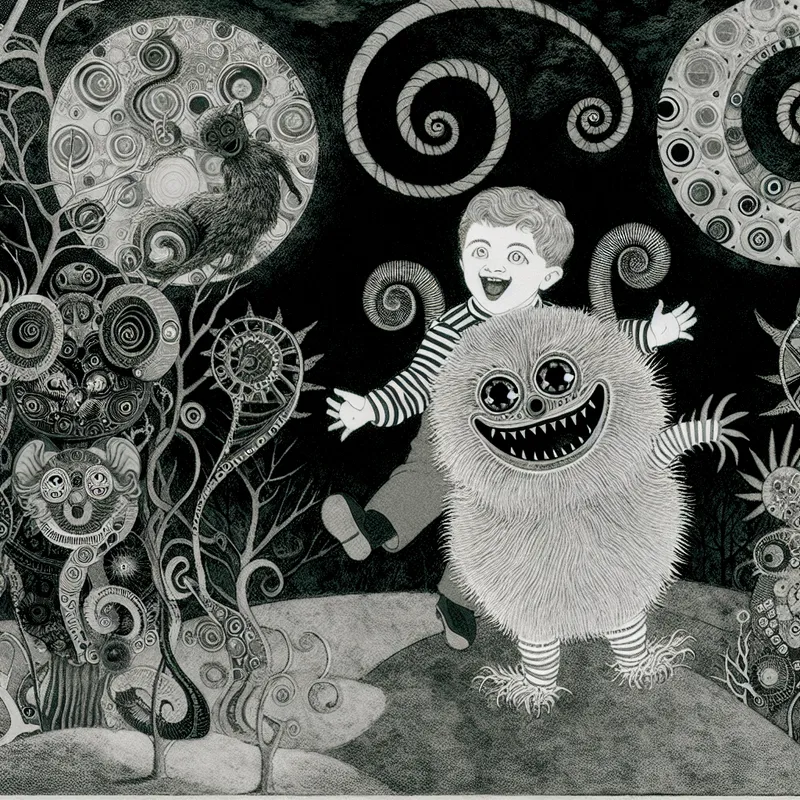 Een kind dat een schattig, vreemd wezen omarmt op een speelplaats, met magische, gothic elementen op de achtergrond.