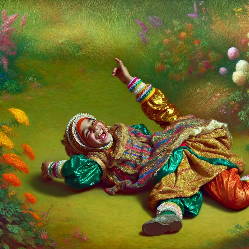 Een jonge kind ligt op de grond met hun benen in de lucht, lachend en omringd door bloemen op een grasveld.