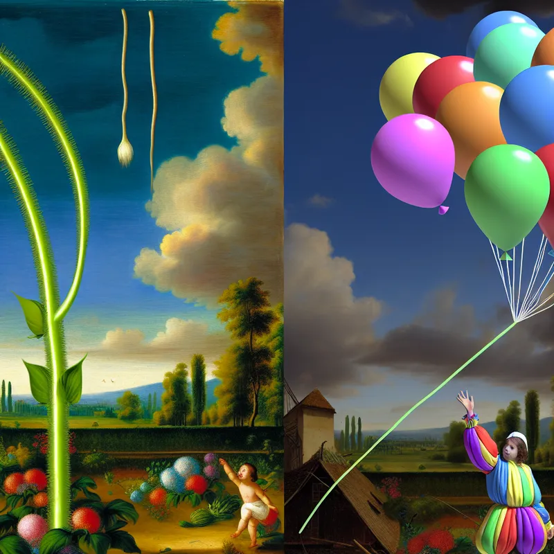 Een kind met een kleurrijke ballon in een levendige tuin met een hoge plant.