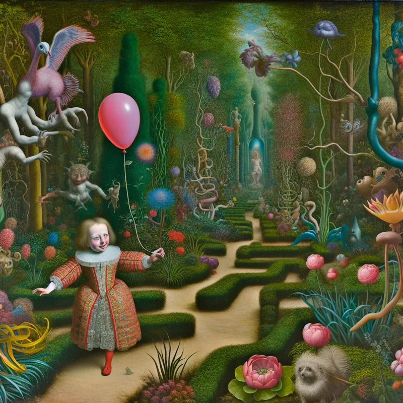 Een jong meisje in een surrealistische tuin met een felgekleurde ballon, omringd door fantasierijke planten en wezens