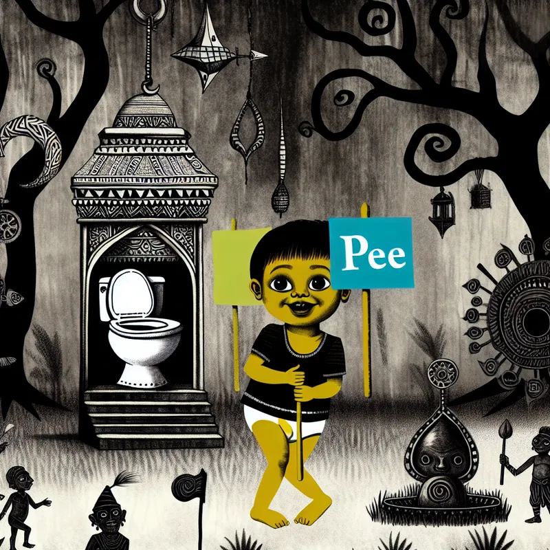 Een jonge kind houdt een kleurrijk bord met het woord 'pee' in een fantasierijke, lichtduistere omgeving met een toilet en symbolen van kindertaal en humor.