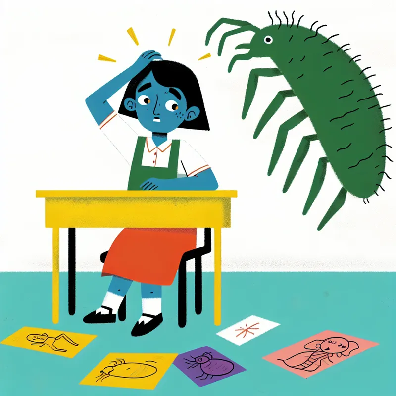 Een kind dat zich ongemakkelijk voelt en in zijn hoofd krabt, met een grote cartoonachtige luis dicht bij zijn hoofd, zittend aan een schoolbureau met tekeningen eromheen.