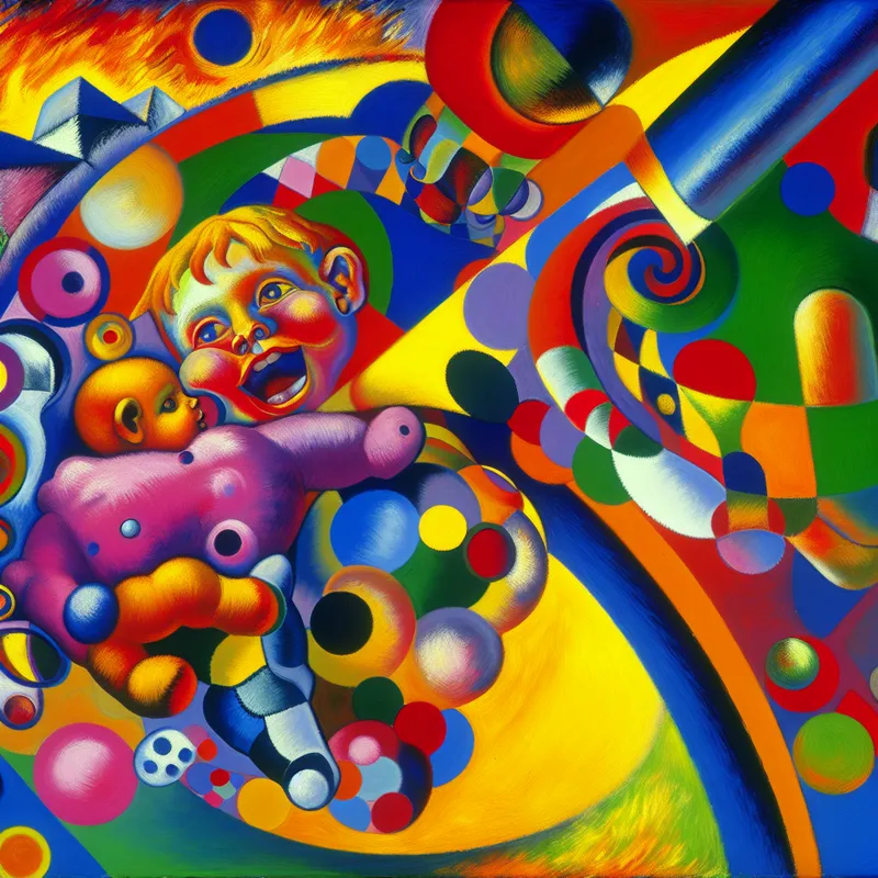 Een kind omarmt een kleurrijke knuffel onder zijn arm in een abstracte achtergrond vol met gedurfde vormen en levendige kleuren.