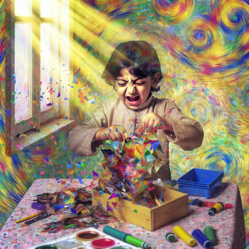 Een kind speelt met kleurrijk knutselmateriaal, бумаги scheuren met een blije en gefocuste uitdrukking.