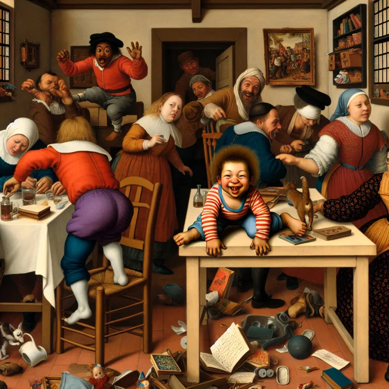 Een kind met een ondeugende glimlach negeert speels de regels terwijl het op een tafel klimt in een chaotische huiskamer.