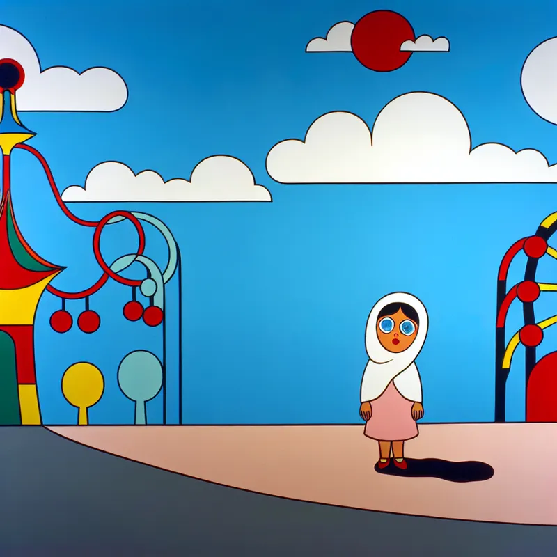 Minimalistische illustratie van een kind dat met verwondering staat bij de ingang van een kleurrijk sprookjesachtig pretpark, in de stijl van Dick Bruna