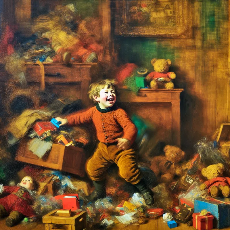 Barokke voorstelling van een kind dat spontaan een rommelige slaapkamer opruimt, geïnspireerd op Peter Paul Rubens