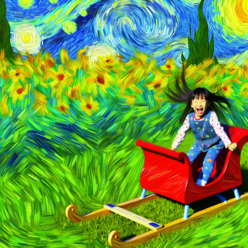 Kind rijdt vrolijk op een rood speelgoedsleetje in een zonnige tuin met bloemen, in Van Gogh-stijl