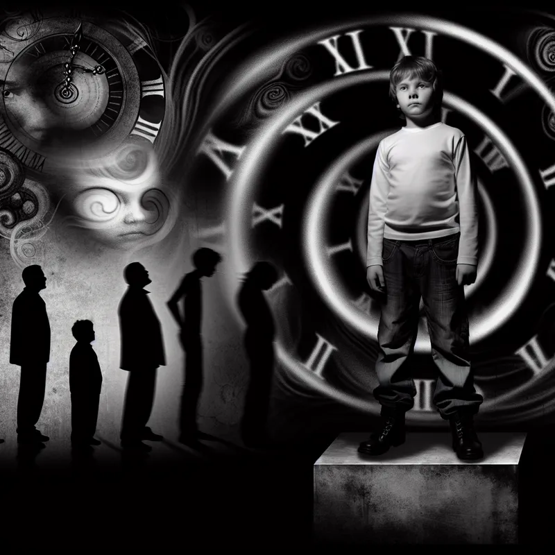 Een dramatisch beeld van een kind dat op een voetstuk staat en zich zelfverzekerd voordoet als een volwassene, omringd door schaduwen van echte volwassenen.