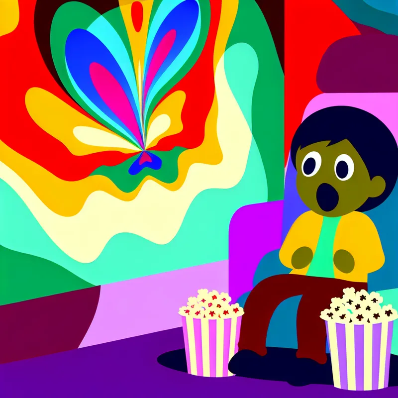 Een kind zit op het puntje van zijn stoel, vol opwinding tijdens het kijken naar een film.