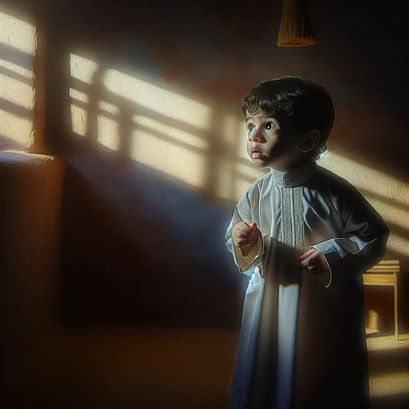 portret van een vijfjarig kind in een zonverlichte kamer met nieuwsgierigheid en onschuld