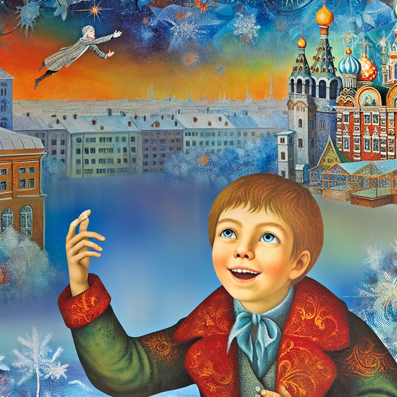 Een klein kind met een blije uitdrukking dat vreugdevol 'Mama, kom!' roept in een dromerige, surrealistische achtergrond.