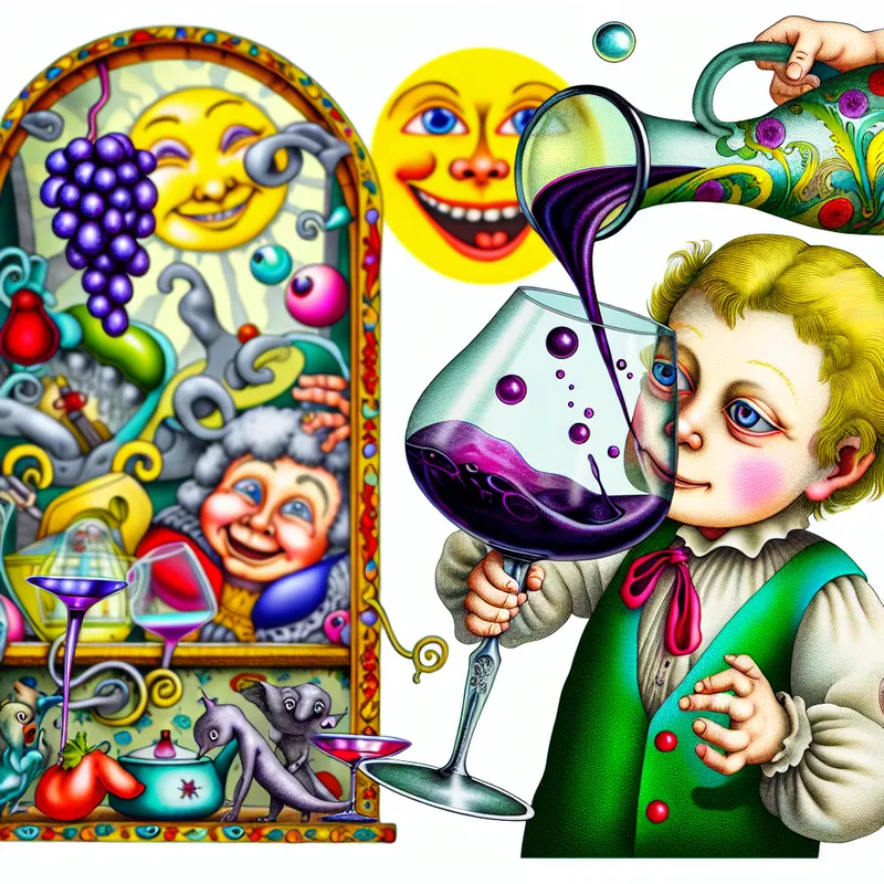 Een kind schenkt voorzichtig wijn uit een elegante karaf in een glas, met een gefocuste en blije uitdrukking.