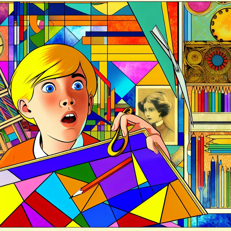 Een kind dat verrast kijkt terwijl het een stuk kleurrijk tekenpapier met een gescheurde rand vasthoudt, in een speelse, retro-futuristische omgeving.