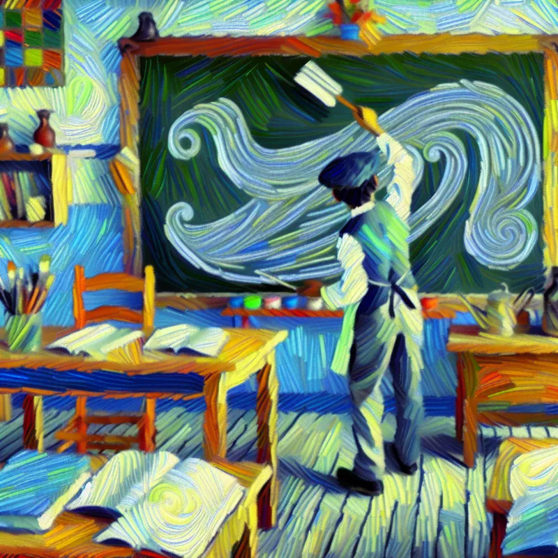 Een kind dat aandachtig een schoolbord schoonmaakt in een kleurrijk ingericht klaslokaal