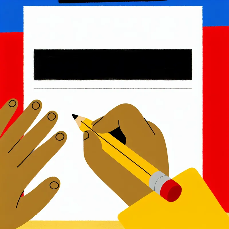 Minimalistische illustratie van een kinderhand die een potlood vasthoudt, klaar om op een regel te schrijven, in stijl van Dick Bruna