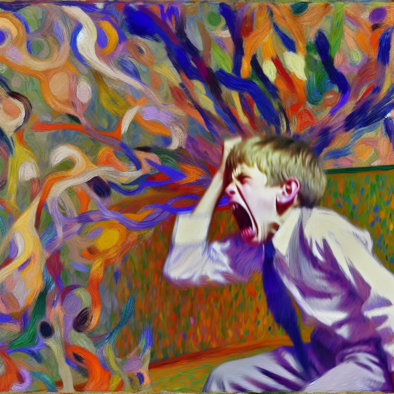 Een gefrustreerd kind slaat herhaaldelijk met zijn hoofd tegen een kleurige muur vol abstracte vormen, wat zijn emotionele worsteling weergeeft.