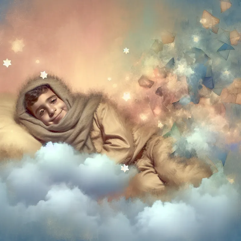 Een jong kind dat vredig slaapt op een zachte, pluizige wolk omringd door dromerige elementen zoals sterren en pasteltinten.