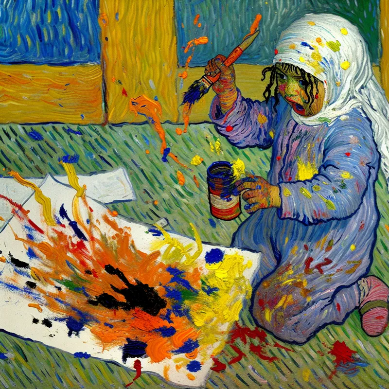 Kind dat slordig met verf omgaat, waarbij verfspetters in de lucht vliegen en op kleding en vloer terechtkomen in Van Gogh-stijl
