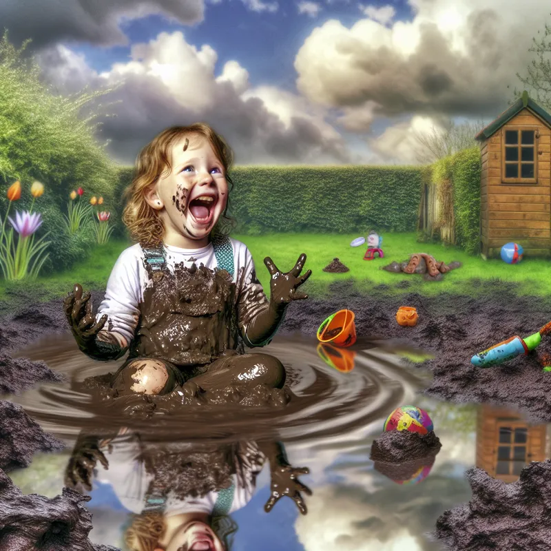 Een kind dat blij speelt in dikke, natte modder in een achtertuin, met een speelse uitdrukking en vol modder.