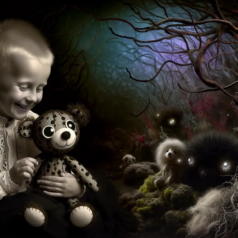 Een kind dat liefdevol een schattige teddybeer vasthoudt in een mysterieuze bosomgeving.