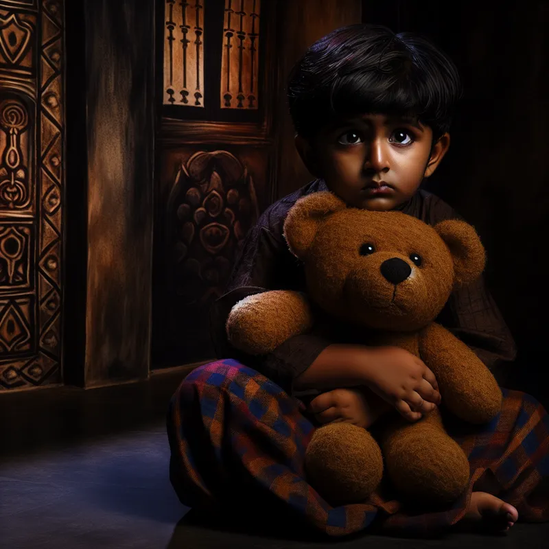 Een kind in een donkere kamer houdt een teddybeer vast, met een trieste blik op het gezicht.