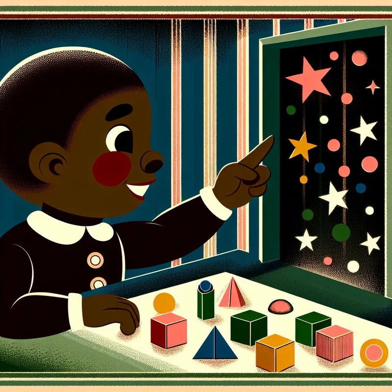 Een kind telt kleurrijke blokken en sterren in een retro-futuristisch klaslokaal.