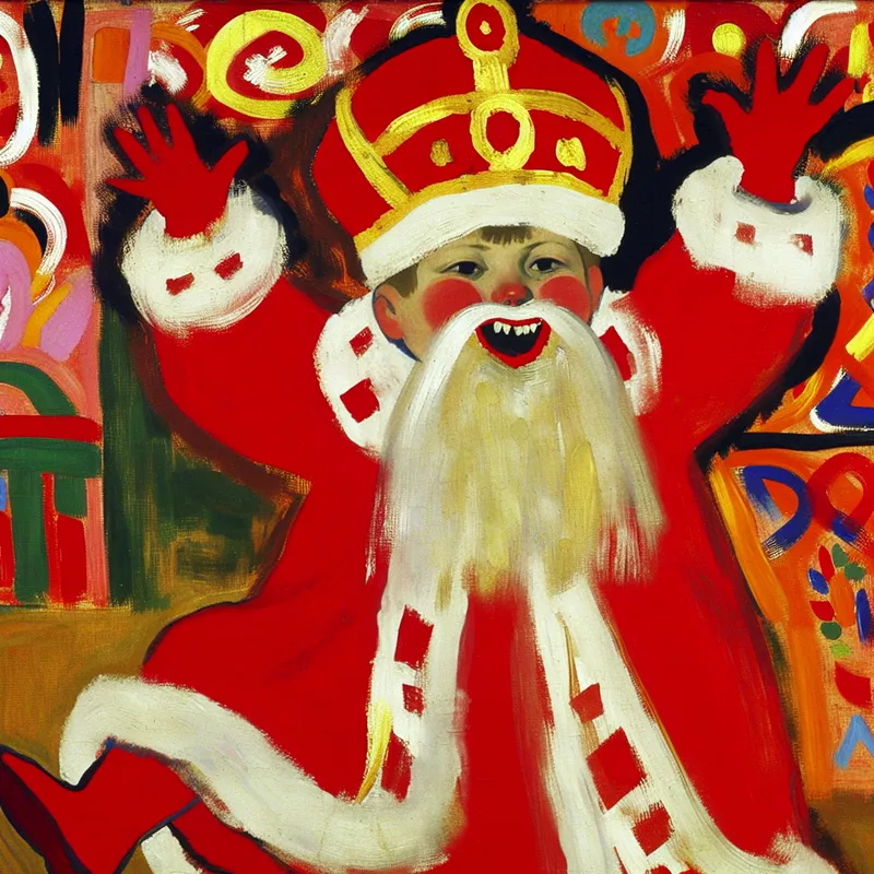 Kind verkleed als Sinterklaas met traditionele rode robe en gouden mijter