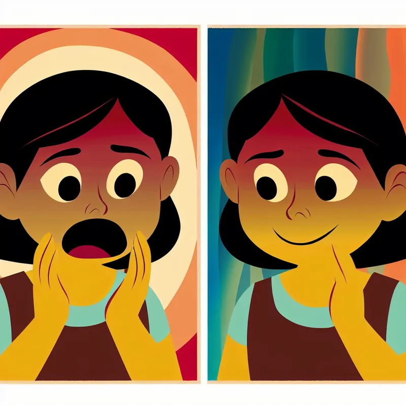 Een kind met een grote, verbaasde uitdrukking ontvangt verrassend nieuws in een kleurrijke en vereenvoudigde omgeving, gevolgd door een kalme glimlach in een rustiger kleurenschema.