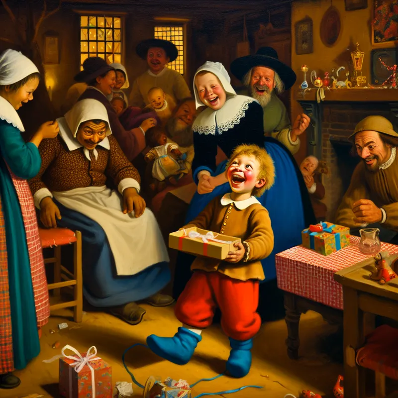 Een klein kind verrast met het openen van een geschenk, omringd door lachende familieleden in een sfeervolle kamer.