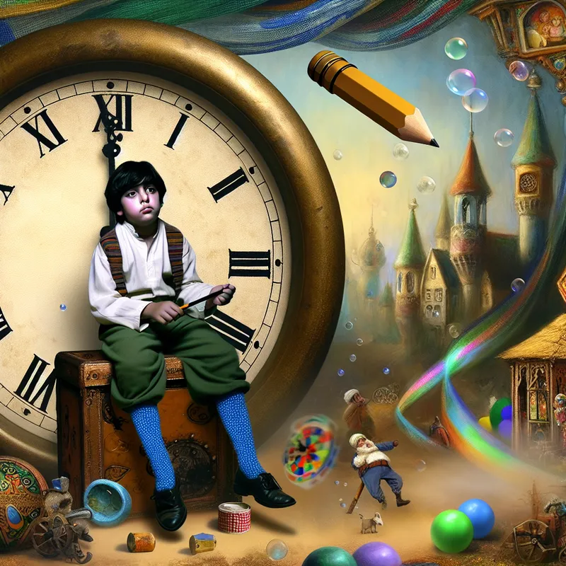 Een kind zit op een grote vintage klok en houdt een enorme potlood vast terwijl het dromerig kijkt.