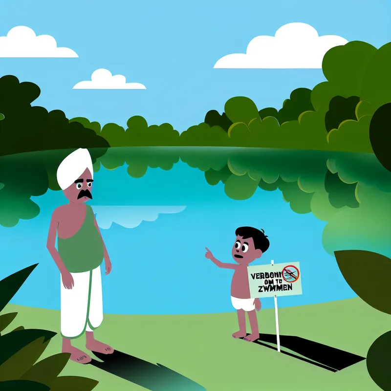Een kind en een volwassene staan aan de oever van een vredig meer, met een bord 'Verboden om te Zwemmen'.