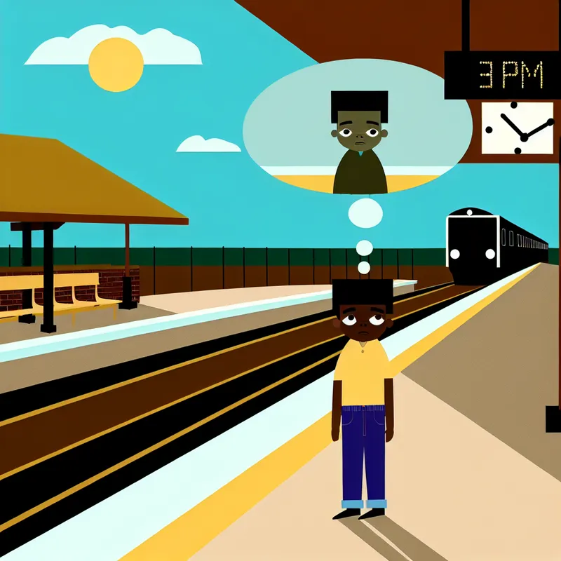 Minimalistische illustratie van een kind op een treinstation dat wacht op een trein die later aankomt, met een gedachtewolk die de toekomstige aankomsttijd toont