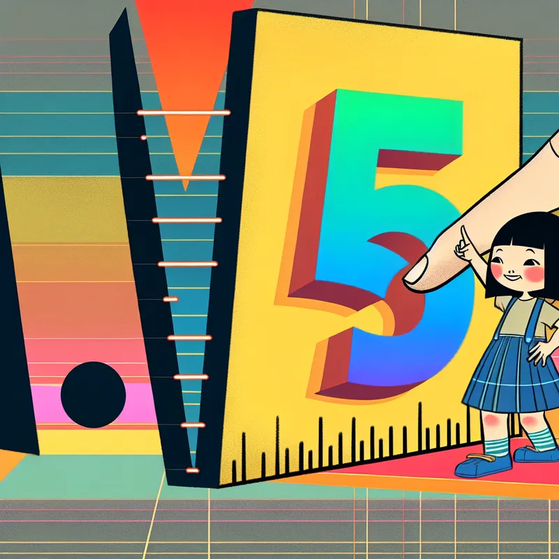 Klein kind wijst naar het getal 5 op een reusachtige liniaal in een speelse retro-futuristische illustratie, symboliserend dat iets slechts vijf jaar of een kleine hoeveelheid is