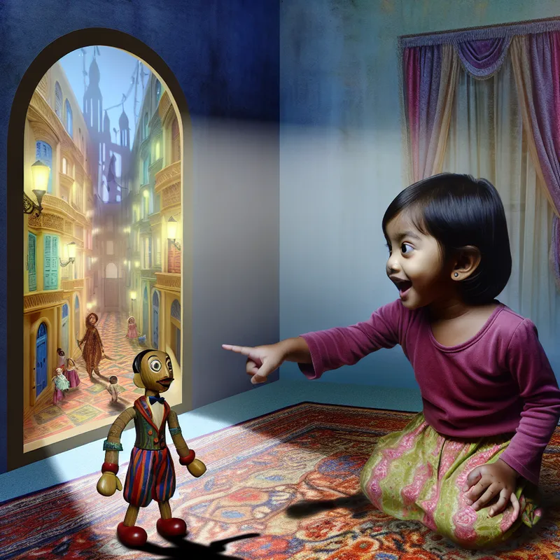 Jong kind wijst lachend naar een houten poppetje op een kleurrijk vloerkleed in een surrealistische kinderkamer met dromerig uitzicht