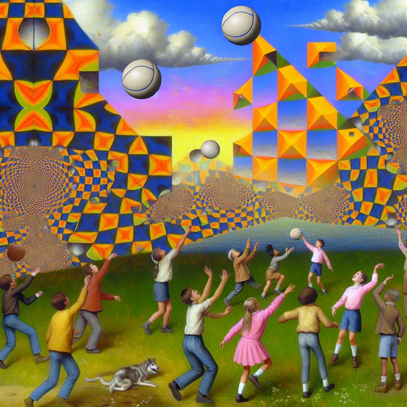 Kinderen spelen buiten met een zachte bommel bal, omgeven door een surrealistisch landschap met geometrische patronen.