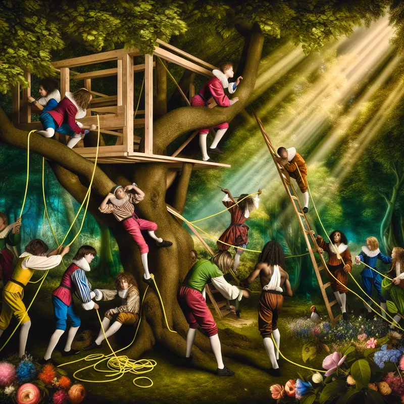 Een groep kinderen bouwt een boomhuis in een weelderige tuin met behulp van scheerlijnen, omgeven door bloemen en dieren.