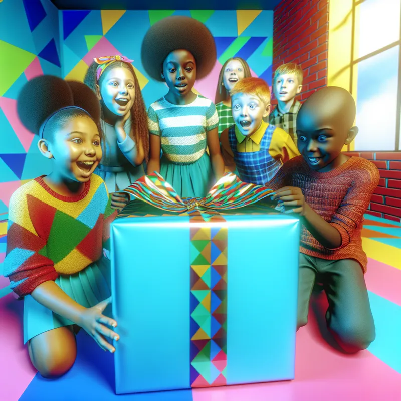 Groep blije kinderen in een kleurrijke kamer die een groot cadeau uitpakken, met opgewonden gezichten en kleurrijk inpakpapier.