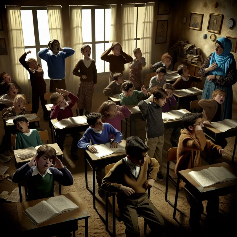 Een chaotische klaslokaal scène met kinderen die onrustig en gefrustreerd zijn, een leraar die overweldigd is.