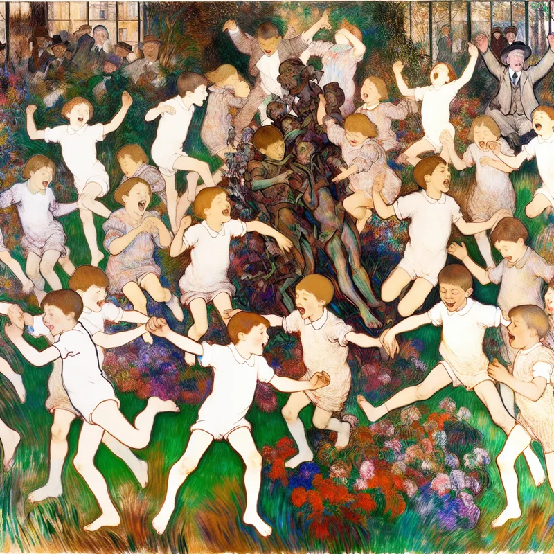 Een levendige tuin met dansende kinderen die vol vreugde springen en draaien, omringd door kleurrijke bloemen.