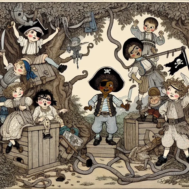 Kinderen spelen piraten in een magische tuin met kartonnen schatkist en slangvormige tuinslang