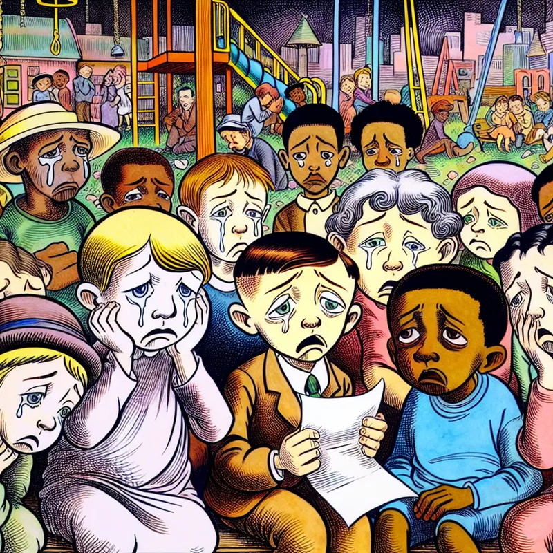 Cartoonachtige tekening van een groep kinderen op een speeltuin met sombere gezichten, enkele houden een brief
