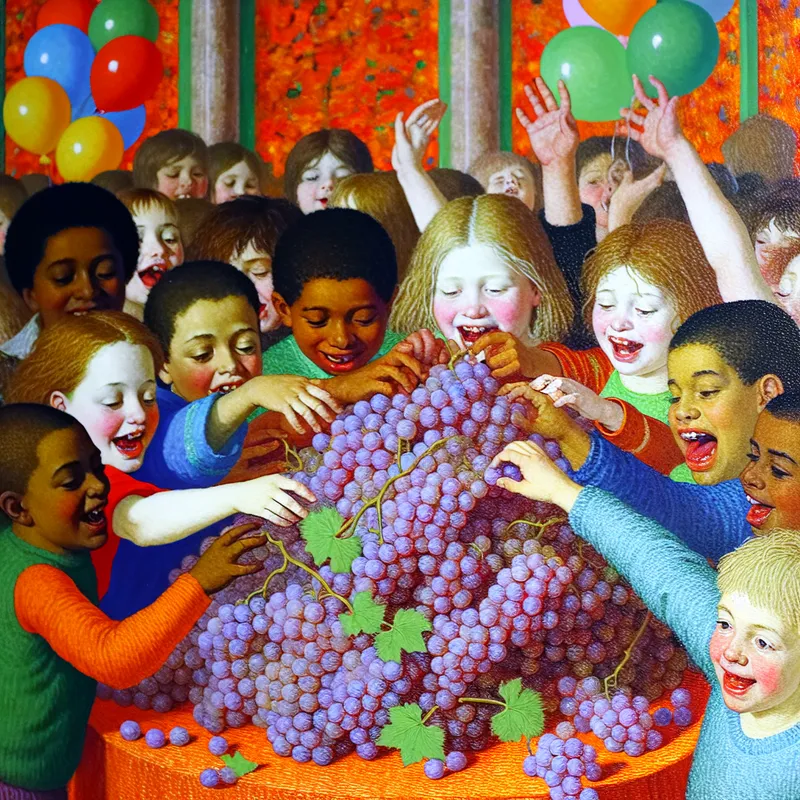 Een schilderij van kinderen die blij druiven eten op een verjaardagsfeestje, omringd door ballonnen en slingers.